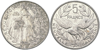 Французская Новая Каледония 5 франков 2010 птица кагу, (IEOM) KM 16, Schoen 12, Lec 81k алюминий 4111-716