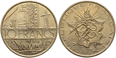 Франция 10 франков 1987 тип Матье KM 940, Le Franc 365.27-28 никель латунь 4389-1145