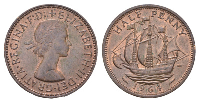 Великобритания 1/2 пенни 1964 Елизавета II (1952-2022) KM 896, Spink 4158 бронза  aUNC  4660-645