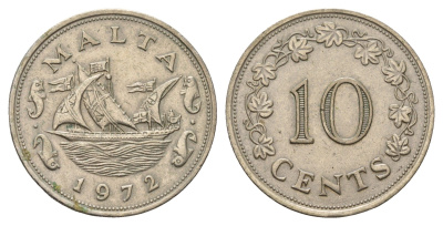 Мальта 10 центов 1972 баржа Великого магистра KM 11 медно-никель 4183-836