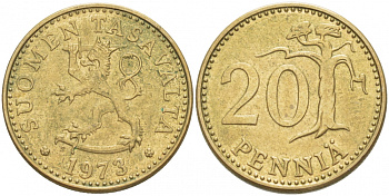 ФИНЛЯНДИЯ 20 ПЕННИ 1973 S KM 47 алюминиевая бронза 3718-1246