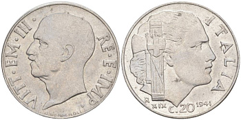 ИТАЛИЯ 20 ЧЕНТЕЗИМО 1941 R, ГОД XIX, ВИКТОР ЭММАНУИЛ III (1900-1946) KM 75b, VEM3. 1028 нержавеющая сталь 3853-832