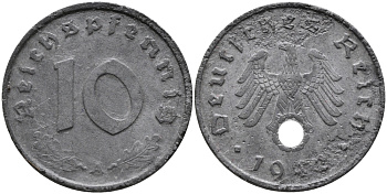 ГЕРМАНИЯ 10 РЕЙХСПФЕННИГОВ 1942 A KM 101, J.371 цинк 95-816