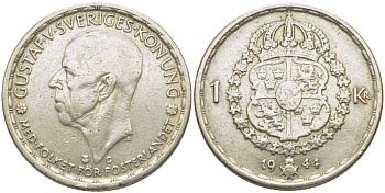 Швеция 1 крона 1944 G, Густав V (1907-1950) KM 814 серебро 119-1116