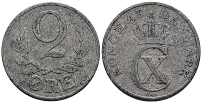 ДАНИЯ 2 ЭРЕ 1941 N; S, КРИСТИАН X (1912-1947) KM 833 алюминий 117-625