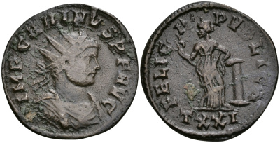Римская Империя аврелианиан 283 Карин FELICIT PVBLIC Фелицитата, персонификация Счастья Тицин Good Very fine RIC 295 бронза 270-914