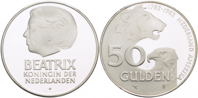 Нидерланды 50 гульденов 1982 голландско-американская дружба, королева Беатрикс KM 207 серебро PROOF 02-090-42