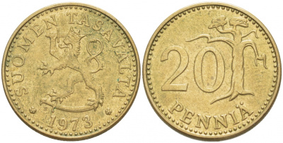 ФИНЛЯНДИЯ 20 ПЕННИ 1973 S KM 47 алюминиевая бронза 3718-1246