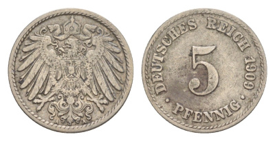 Германия 5 пфеннигов 1909 A, Вильгельм II (1888-1918) KM 11, J. 12 медно-никель 4640-129