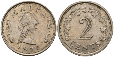 Мальта 2 цента 1977 Пентесилея, царица амазонок KM 9 медь цинк 4154-719