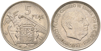 Испания 5 песет 1957(66) Франциско Франко (1939-1975) KM 786 медно-никель 4583-1146