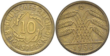 ГЕРМАНИЯ 10 РЕЙХСПФЕННИГОВ 1936 D KM 40, J. 317, Weege 9 алюминиевая бронза 210-433