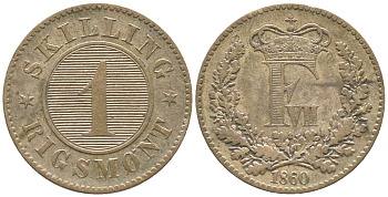 ДАНИЯ 1 СКИЛЛИНГ РИГСМОНТ 1860 ФРЕДЕРИК VII (1848-1863) KM 763 (С135) бронза 34-534
