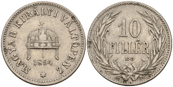 Венгрия 10 филлеров 1894 KB, Франц Иосиф I (1848-1916) KM 482 никель 4151-1064