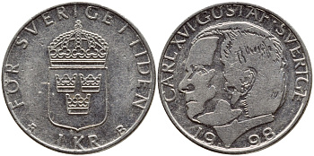 Швеция 1 крона 1998 Карл XVI Густав (1973- ) KM 852a медно-никель 4610-934