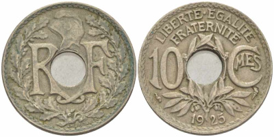 ФРАНЦИЯ 10 САНТИМОВ 1925 ТИП ЛИНДАЙЁ KM 866а, LE FRANC 138.12 медно-никель 108-147