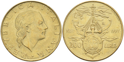 Италия 200 лир 1997 R, 100 лет Итальянской морской лиги (1897-1997) KM 186 алюминиевая бронза 4126-133