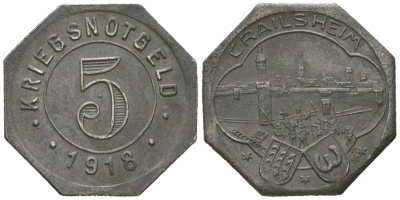 Крайльсхайм (Вюртемберг) 5 пфеннингов 1918 Funck 83.4, Men05 4675.1, Men18 5876.1 железо 4169-1049