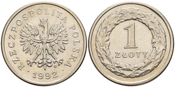 ПОЛЬША 1 ЗЛОТЫЙ 1992 MW KM 282 медно-никель UNC 4523-852