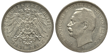 Баден 3 марки 1912 Фридрих II (1907-1918) J. 39, KM 280 серебро 413-4231