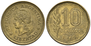Аргентина 10 сентаво 1974 голова свободы влево KM 66, CJ 347, Schon 66 алюминиевая бронза    4609-1222