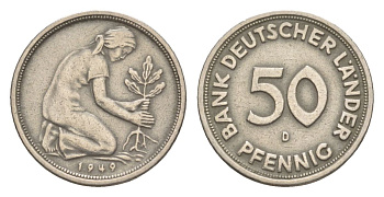 ФРГ 50 пфеннигов 1949 D KM 104, J. 379 медно-никель 4627-652