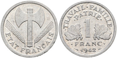 Франция 1 франк 1942 LB, ТИП LOURDЕ, ПРАВИТЕЛЬСТВО ВИШИ KM 902.1, Le Franc 222.2 алюминий 92-331