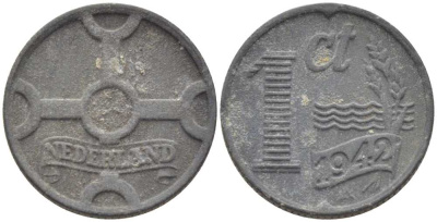 НИДЕРЛАНДЫ 1 ЦЕНТ 1942 ВИЛЬГЕЛЬМИНА (1890-1948) KM 170 цинк 66-133