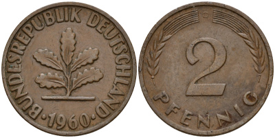 ФРГ 2 пфеннига 1960 D J.381  KM 106 бронза    4598-719