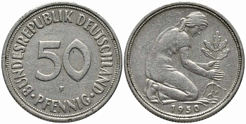 ФРГ 50 ПФЕННИГОВ 1950 F KM 109.1, J. 384 медно-никель 112-153