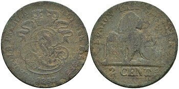 Бельгия 2 сантима 1857 Belges KM 4.2 медь 4595-154