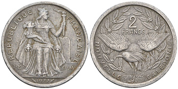 Французская Новая Каледония 2 франка 1977 птица кагу, (IEOM) KM 14, Schoen 11, Lec 58 алюминий    08-631