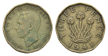 Великобритания 3 пенса 1941 Георг VI (1936-1952) KM 849, Spink 4112 никель латунь    4660-655