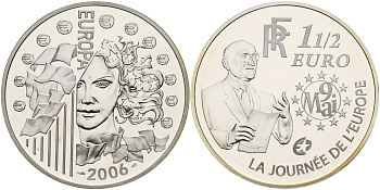 Франция 1 1/2 евро 2006 Декларация Шумана, день Европы 9 мая 1950 года, в оригинальной коробке, с сертификатом KM 2037 серебро PROOF 5-6-4-18