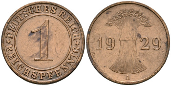 Германия 1 рейхспфенниг 1929 A KM 37, J. 313 бронза 4189-1127