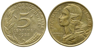 Франция 5 сантимов 1988 тип Марианна KM 933 медь алюминий никель 4679-969