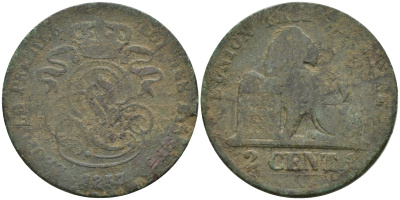 Бельгия 2 сантима 1857 Belges KM 4.2 медь 4595-154