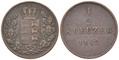 Вюртемберг 1/2 крейцера 1842 KM 585 медь 4615-827