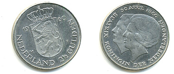 Нидерланды 2 1/2 гульдена 1980 коронация Беатрикс, 30 апреля 1980 KM 201 никель 84-1235