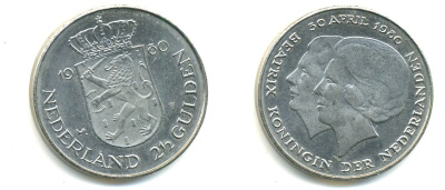 Нидерланды 2 1/2 гульдена 1980 коронация Беатрикс, 30 апреля 1980 KM 201 никель 84-1235