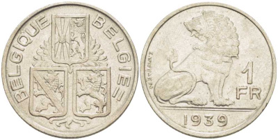 Бельгия 1 франк 1939 Леопольд III (1934-1950), Belgique-Belgie, лев KM 119 никель 202-1133