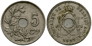 Бельгия 5 сантимов 1925 Belgique, Альберт I (1909-1934) KM 66 медно-никель 4173-538