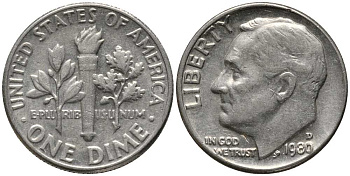 США 10 центов = дайм 1980 D, Рузвельт KM 195а медь плакированная медно-никелем 112-649