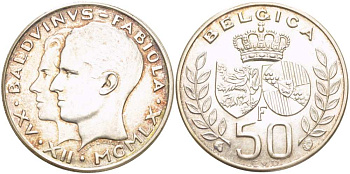 Бельгия 50 франков 1960 БОДУЭН I (1951-1983), КОРОЛЕВСКАЯ СВАДЬБА KM 152.1 серебро 4512-1115