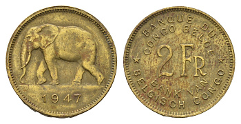 Бельгийское Конго 2 франка 1947 слон, Леопольд III KM 28 латунь 4670-1234