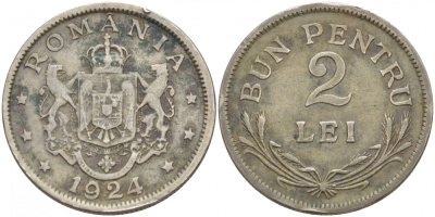 РУМЫНИЯ 2 ЛЕЯ 1924 b, ФЕРДИНАНД I (1914-1927) KM 47 медно-никель 4402-711