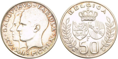 Бельгия 50 франков 1960 БОДУЭН I (1951-1983), КОРОЛЕВСКАЯ СВАДЬБА KM 152.1 серебро 4512-1115