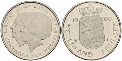 Нидерланды 1 гульден 1980 на коронацию Беатрикс, 30 апреля 1980 KM 200 никель    4601-1044