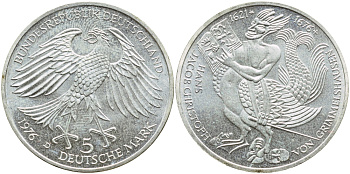 ФРГ 5 МАРОК 1976 D, 300 ЛЕТ СО ДНЯ СМЕРТИ ГАНСА ЯКОБА КРИСТОФФЕЛЯ фон ГРИММЕЛЬСГАУЗЕНА KM 144, J. 419 серебро UNC 4394-111