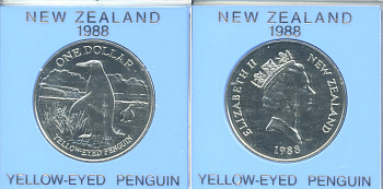 Новая Зеландия 1 доллар 1988 желтоглазый пингвин, Елизавета II (1952-2022), в оригинальной пластиковой упаковке KM 66 медно-никель UNC 00-00